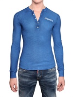 DSQUARED - SERAFINO GERIPPTES BAUMWOLLEN-LEINEN T-SHIRT - BLAU/WEISS