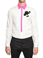 DSQUARED - NEON COLLAR COTTON POPLIN SHIRT - WHITE/FUCHSIA