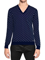 DSQUARED - POLKA DOTS COTTON KNIT V NECK SWEATER - NAVY/WHITE