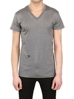 DIOR HOMME - BEE EMBROIDERED JERSEY V NECK T-SHIRT - GREY/BLACK