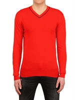 DIOR HOMME - CABLE KNIT COTTON JERSEY V-NECK SWEATER - RED/NAVY