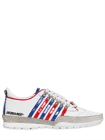DSQUARED - SNEAKERS IN PELLE MARTELLATA E RIGHE VERNICE - BIANCO/BLU/ROSS