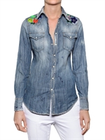 DSQUARED - EMBROIDERED COTTON DENIM SHIRT - BLUE