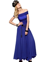 DSQUARED - GATHERED TULLE & LYCRA JERSEY LONG DRESS - ROYAL BLUE