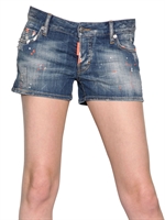 DSQUARED - DESTROYED STRETCH COTTON DENIM SHORTS - BLUE
