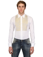 SARTORIA MARTINI - ENGES, HANDGEFERTIGTES JACQUARDHEMD MIT PLASTRON - WEIß/GOLD