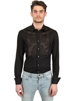 SARTORIA MARTINI - ENGES, HANDGEFERTIGTES JACQUARDHEMD MIT PLASTRON - SCHWARZ/SCHWARZ
