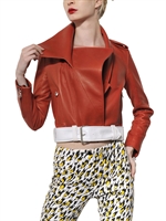 MUGLER - TWO TONE NAPPA PLONGÉ LEATHER JACKET - RED/WHITE