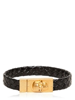 ALEXANDER MCQUEEN - BRACCIALE IN PELLE INTRECCIATA CON RILIEVO TESCHIO - NERO