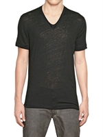 JOHN VARVATOS - JERSEY T-SHIRT AUS LEINEN MIT V AUSSCHNITT - SCHWARZ