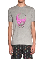MARKUS LUPFER - JERSEY T-SHIRT MIT NEONFARBENEM SCHÄDELDRUCK - GRAU MELANGE