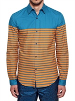 ADIDAS BY OPENING CEREMONY - GESTREIFTES BEDRUCKTES BAUMWOLL CHAMBRAY HEMD - ORANGE/BLAU