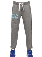 SUPERDRY - VINTAGE PRINTED COTTON FLEECE TROUSERS - CHARCOAL/AQUA