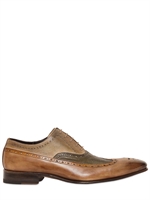 HARRIS - LEATHER AND OSTRICH BROGUE LACE-UP SHOES - BEIGE/GREEN