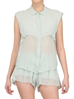 WACKERHAUS - OVERLAPPED STRETCH SILK CHIFFON SHIRT - AQUA