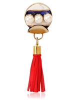 SONIA BOYAJIAN - GYPSY LEATHER TASSEL GOLD PLATED PIN - BLUE/WHITE