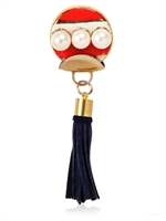 SONIA BOYAJIAN - GYPSY LEATHER TASSEL GOLD PLATED PIN - RED/WHITE