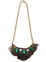SETTANTA BIJOUX - ECO FUR WITH CRYSTALS AND LACE NECKLACE - BLACK