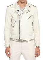 MCQ ALEXANDER MCQUEEN - HYBRID BIKER WASHED LEATHER JACKET - LIGHT BEIGE
