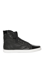 LANVIN - 20MM LEATHER & PATENT HIGH TOP SNEAKERS - BLACK