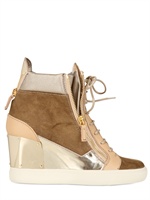 GIUSEPPE ZANOTTI - SNEAKERS IN PELLE E TELA DI COTONE CON ZEPPA 90MM - MULTI BEIGE