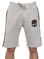 HYDROGEN - COTTON FLEECE SKULL PRINT SHORTS - GREY/BLACK