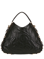 SALVATORE FERRAGAMO - GROßE BESTICKTE FERGIE LEDERTASCHE - SCHWARZ