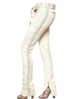 SALVATORE FERRAGAMO - COTTON JACQUARD LEATHER TRIM TROUSERS - CHAMPAGNE