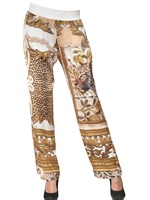 JUST CAVALLI - MYTHOS PRINT LIGHT SATIN TROUSERS - WHITE/GOLD