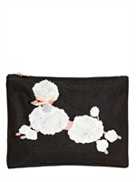 CHARLOTTE OLYMPIA - POCHETTE IN LINO CON RICAMO A BARBONCINO - NERO/BIANCO