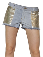 FAITH CONNEXION - SHORTS IN DENIM CON PAILLETTES - CELESTE/ORO