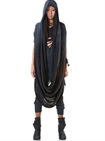 DEMOBAZA - HOODED LONG LINEN SHAWL SWEATER - BLACK/GREY