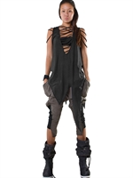 DEMOBAZA - ASYMMETRISCHES TOP AUS BAUMWOLLJERSEY MIT FRANSEN - WASHED BLACK