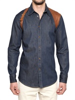 ALEXANDER MCQUEEN - COTTON DENIM & LEATHER HARNESS SHIRT - BLUE