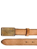 DOLCE & GABBANA - 25MM METAL PLAQUE RAW CUT LEATHER BELT - BEIGE