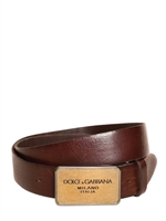 DOLCE & GABBANA - 30MM STRUKTURIERTER LEDERGÜRTEL MIT LOGOPLAKETTE - BRAUN
