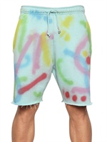 DEAD MEAT - GRAFFITI PRINTED RAW CUT FLEECE SHORTS - LIGHT BLUE