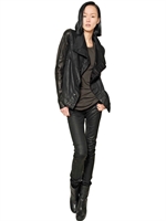 RICK OWENS - STRETCH WAXED DENIM AND LEATHER JACKET - BLACK