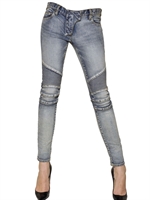 BALMAIN - STRETCH COTTON DENIM BIKER JEANS - BLUE