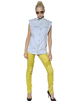 BALMAIN - WASHED COTTON DENIM SLEEVELESS SHIRT - LIGHT BLUE