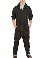 DAMIR DOMA - COTTON LINEN CANVAS AND LEATHER JUMPSUIT - BLACK