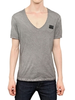 PHILIPP PLEIN - JERSEY T-SHIRT & TIEFEM V-AUSSCHNITT & METALLPLATT - GRAU
