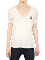 PHILIPP PLEIN - JERSEY T-SHIRT & TIEFEM V-AUSSCHNITT & METALLPLATT - WEIß