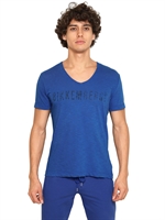 BIKKEMBERGS - BAUMWOLL JERSEY T-SHIRT MIT V-AUSSCHNITT & LOGO - BLAU