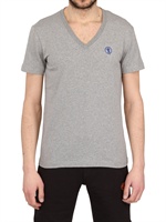 BIKKEMBERGS - STRETCH BAUMWOLL T-SHIRT MIT V-AUSSCHNIT & DRUCK - GRAU/BLAU