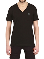BIKKEMBERGS - STRETCH BAUMWOLL T-SHIRT MIT V-AUSSCHNIT & DRUCK - SCHWARZ/GRAU