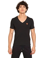BIKKEMBERGS - STRETCH BAUMWOLL T-SHIRT MIT V-AUSSCHNIT & DRUCK - NAVY/ORANGE