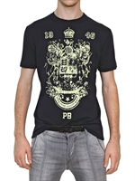 PIERRE BALMAIN - BEDRUCKTES T-SHIRT AUS VERWASCHENEM BAUMWOLLJERSEY - NAVY/GELB