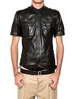 BALMAIN - KURZÄRMLIGES LEDERHEMD - SCHWARZ