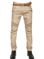 BALMAIN - 17CM STRETCH DENIM BIKER JEANS - BEIGE